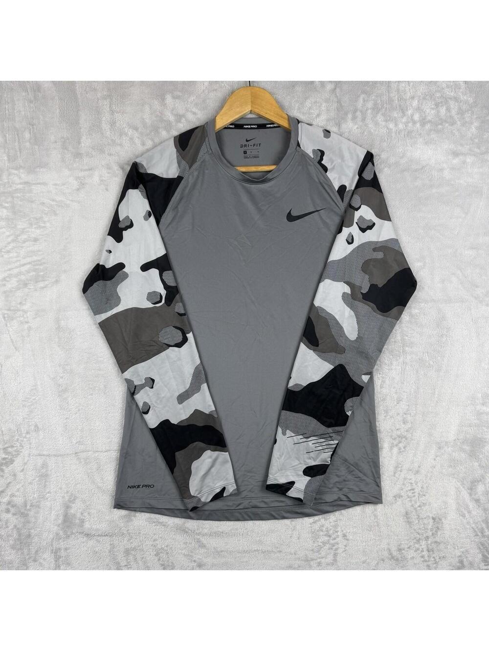 Nike Pro Dri Fit Compression Shirt Men's M Gray Camo Long Sleeve Athletic Gym